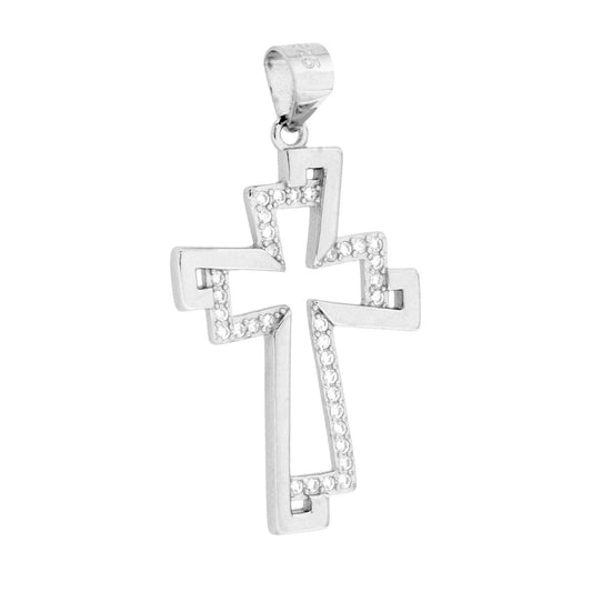 Ciondolo a forma di croce con finitura lucida e con cubic zirconia bianchi incastonati.