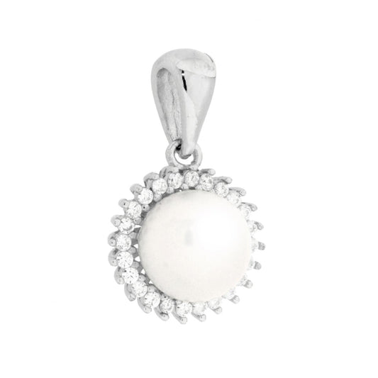 Ciondolo di forma tonda con perla bianca con cubic zirconia bianchi incastonati intorno.