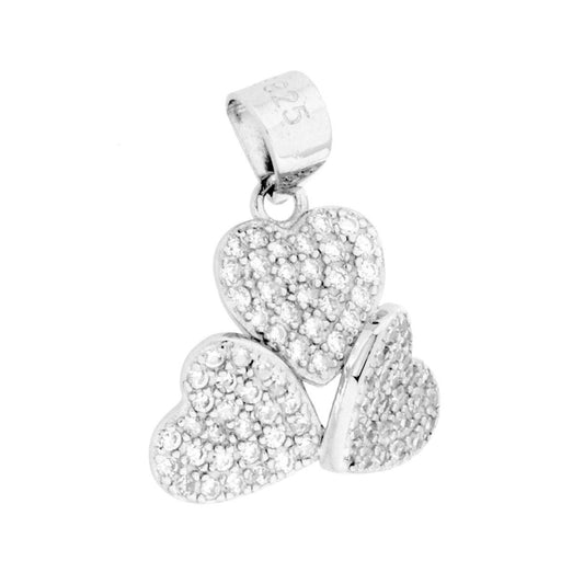 Ciondolo a forma di trifoglio con cuori e cubic zirconia bianchi incastonati.