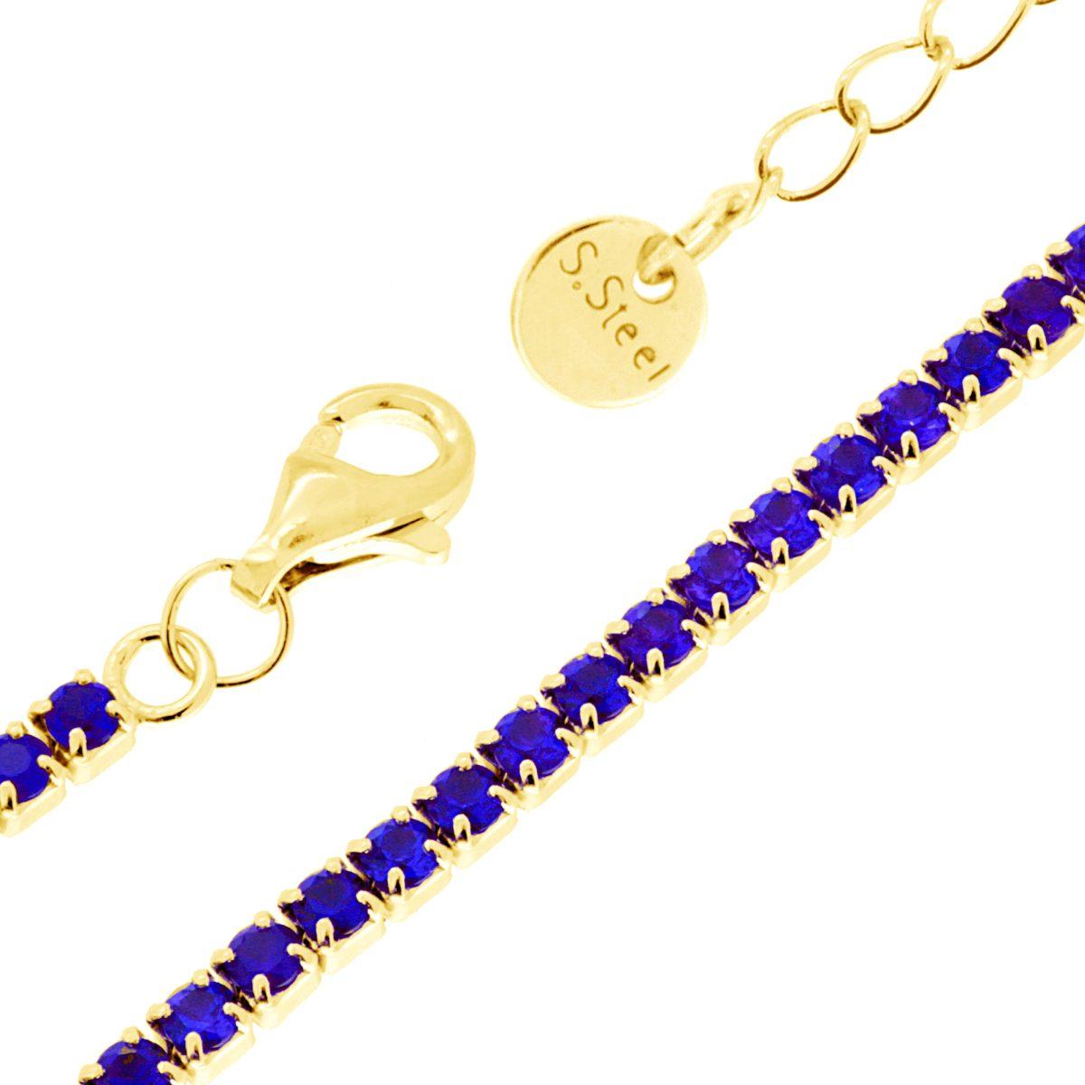 Bracciale Tennis Griffe cm 17+5 con Crystal mm 2 Blu Zaffiro in Acciaio colore Oro