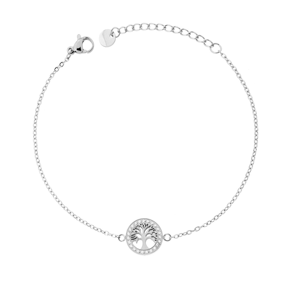 Bracciale Catena Forzatina Diamantata con Albero della Vita e Crystal Bianchi in ACCIAIO