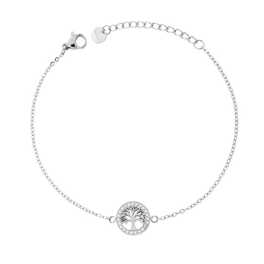 Bracciale Catena Forzatina Diamantata con Albero della Vita e Crystal Bianchi in ACCIAIO