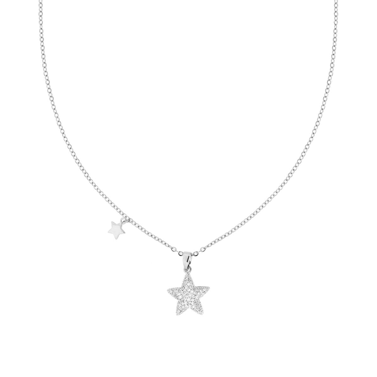 Collana Asimmetrica Catena Forzatina Diamantata con Stella e Crystal Bianchi in ACCIAIO