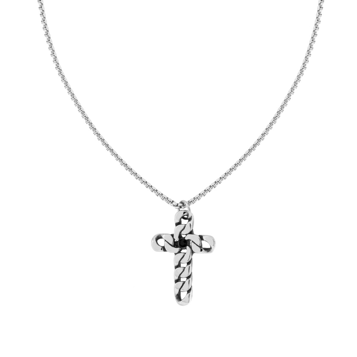 Collana Catena Veneziana Tonda con Croce Grumetta e Crystal Nero in ACCIAIO