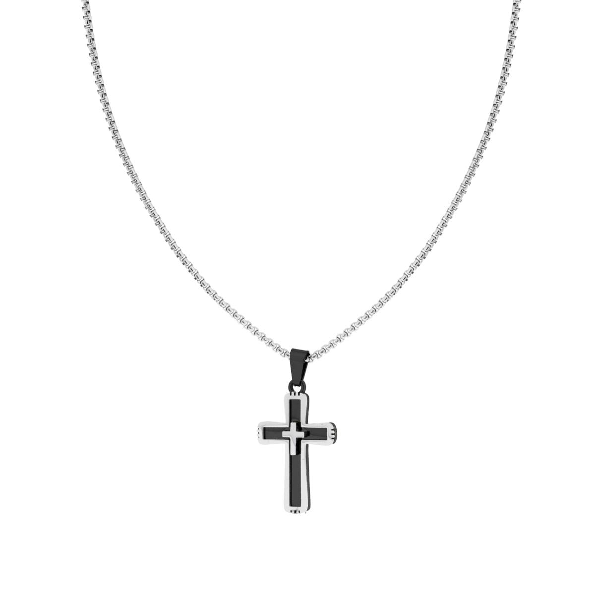 Collana Catena Veneziana Tonda con Croce colore Nero in ACCIAIO