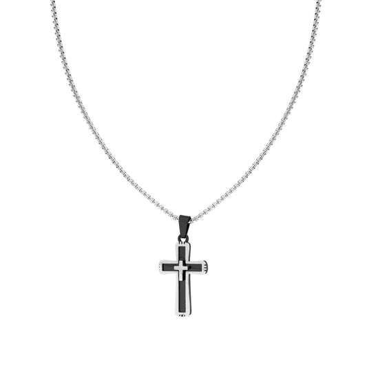 Collana Catena Veneziana Tonda con Croce colore Nero in ACCIAIO