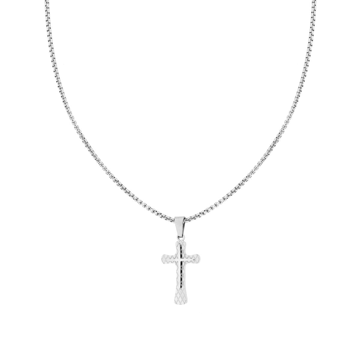 Collana Catena Veneziana Tonda con Croce con decoro Geometrico sormontata da Croce lucida in ACCIAIO