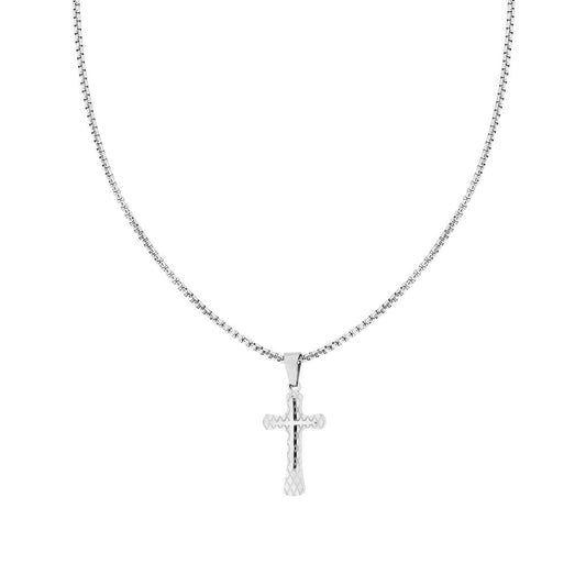 Collana Catena Veneziana Tonda con Croce con decoro Geometrico sormontata da Croce lucida in ACCIAIO