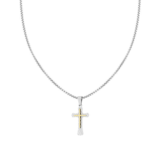 Collana Catena Veneziana Tonda con Croce con decoro Geometrico sormontata da Croce colore Oro in ACCIAIO