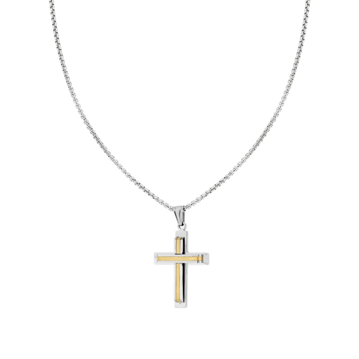 Collana Catena Veneziana Tonda con Croce con Inserto color Oro in ACCIAIO