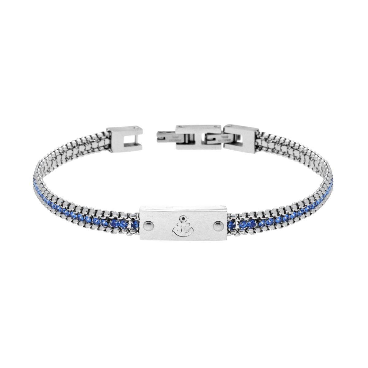 Bracciale Uomo Catena Veneziana Tonda con Tennis Crystal Blu e Targa con Ancora in Acciaio