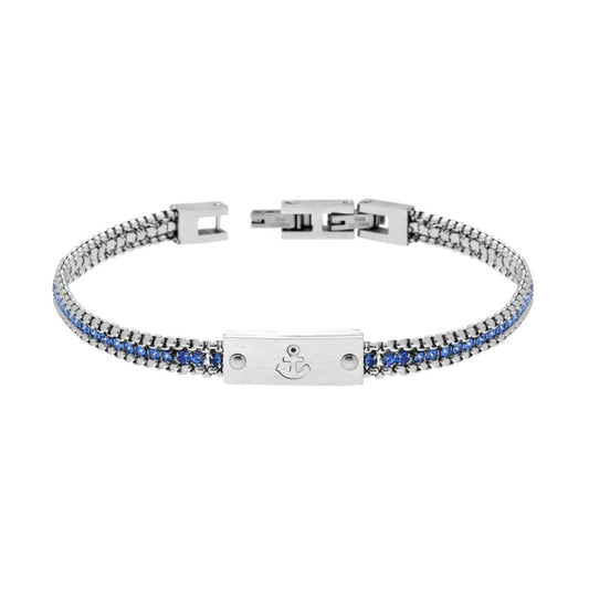 Bracciale Uomo Catena Veneziana Tonda con Tennis Crystal Blu e Targa con Ancora in Acciaio