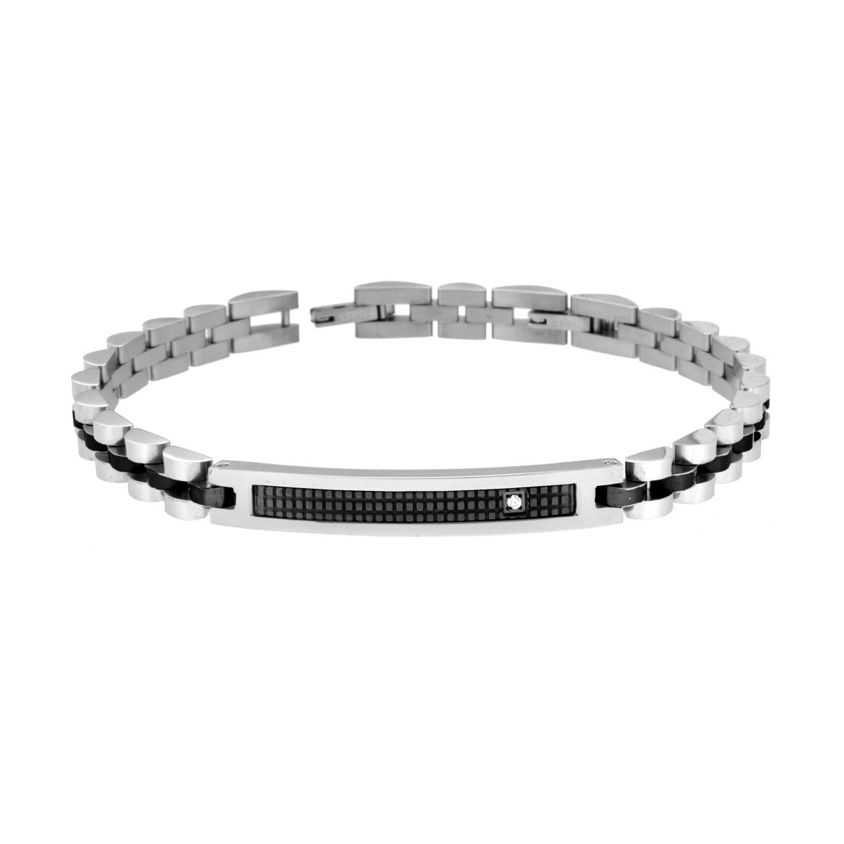Bracciale Uomo Catena Imperniata colore Nero con Targa Inserto Quadrettato e Crystal Bianco in ACCIAIO