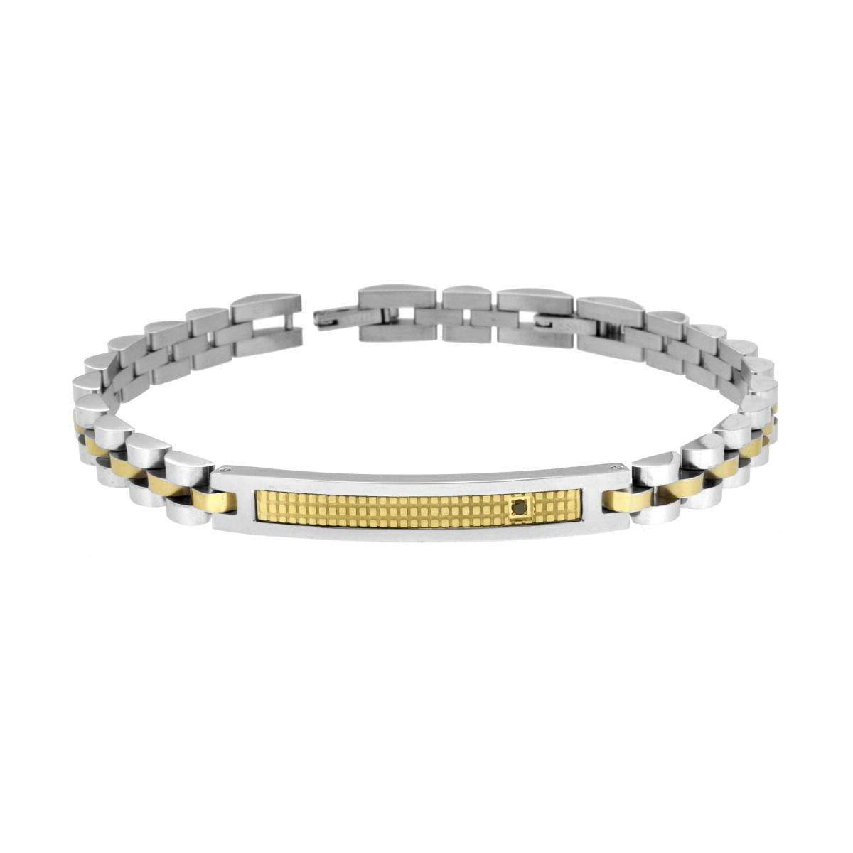 Bracciale Uomo Catena Imperniata colore Oro con Targa Inserto Quadrettato e Crystal Nero in ACCIAIO