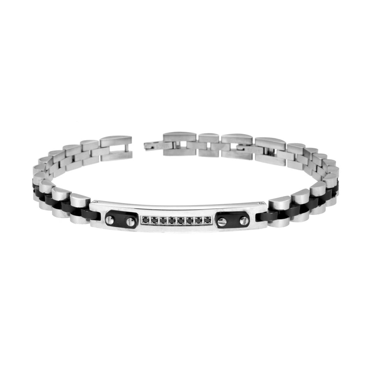 Bracciale Uomo Catena Imperniata colore Nero con Targa e Crystal Neri in ACCIAIO