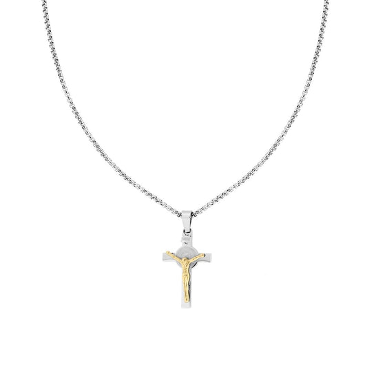 Collana Catena Veneziana Tonda con Croce con Gesu Cristo colore Oro in ACCIAIO