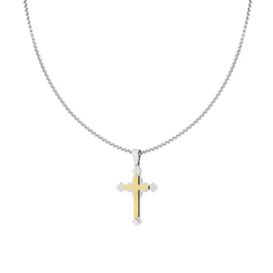 Collana Catena Veneziana Tonda con Croce Medievale sormontata da Croce colore Oro in ACCIAIO