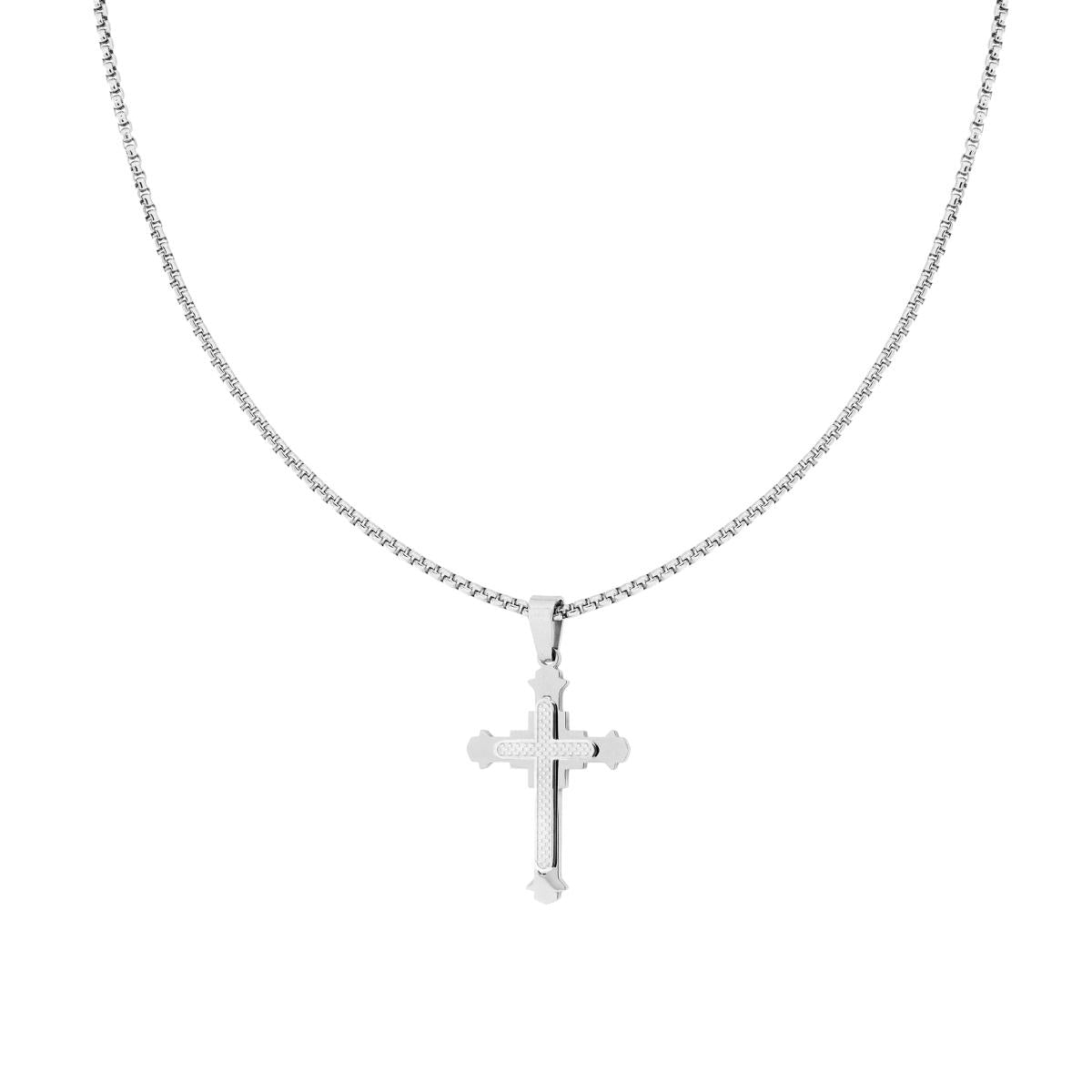 Collana Catena Veneziana Tonda con Croce Medievale sormontata da Croce Quadretatta in ACCIAIO