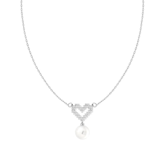 Collana Catena Forzatina Diamantata con Cuore Perla e Crystal Bianchi in ACCIAIO