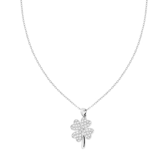 Collana Catena Forzatina Diamantata con Quadrifoglio e Crystal Bianchi n ACCIAIO