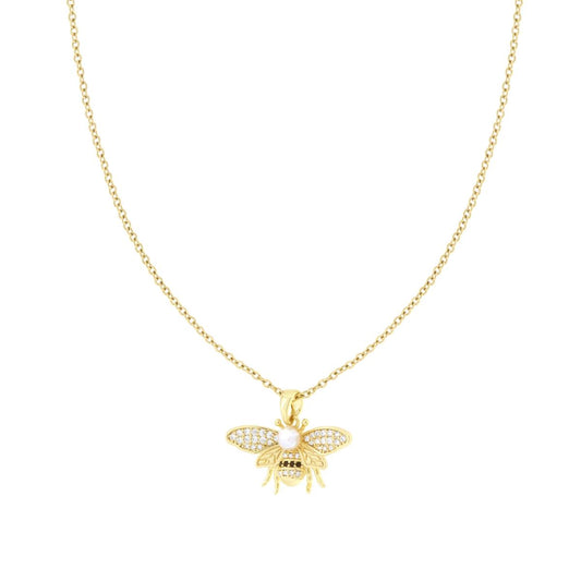 Collana Catena Forzatina Diamantata con Ape Perla e Crystal Bianchi in ACCIAIO colore Oro