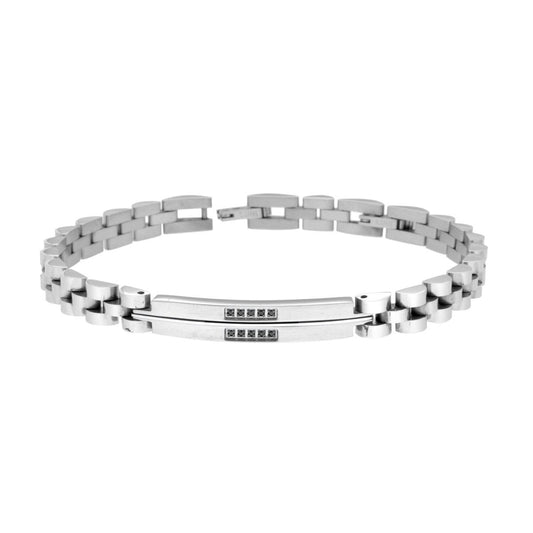 Bracciale Uomo Catena Imperniata con Targa e Crystal Neri in ACCIAIO