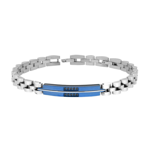 Bracciale Uomo Catena Imperniata con Targa colore Blu e Crystal Neri in ACCIAIO