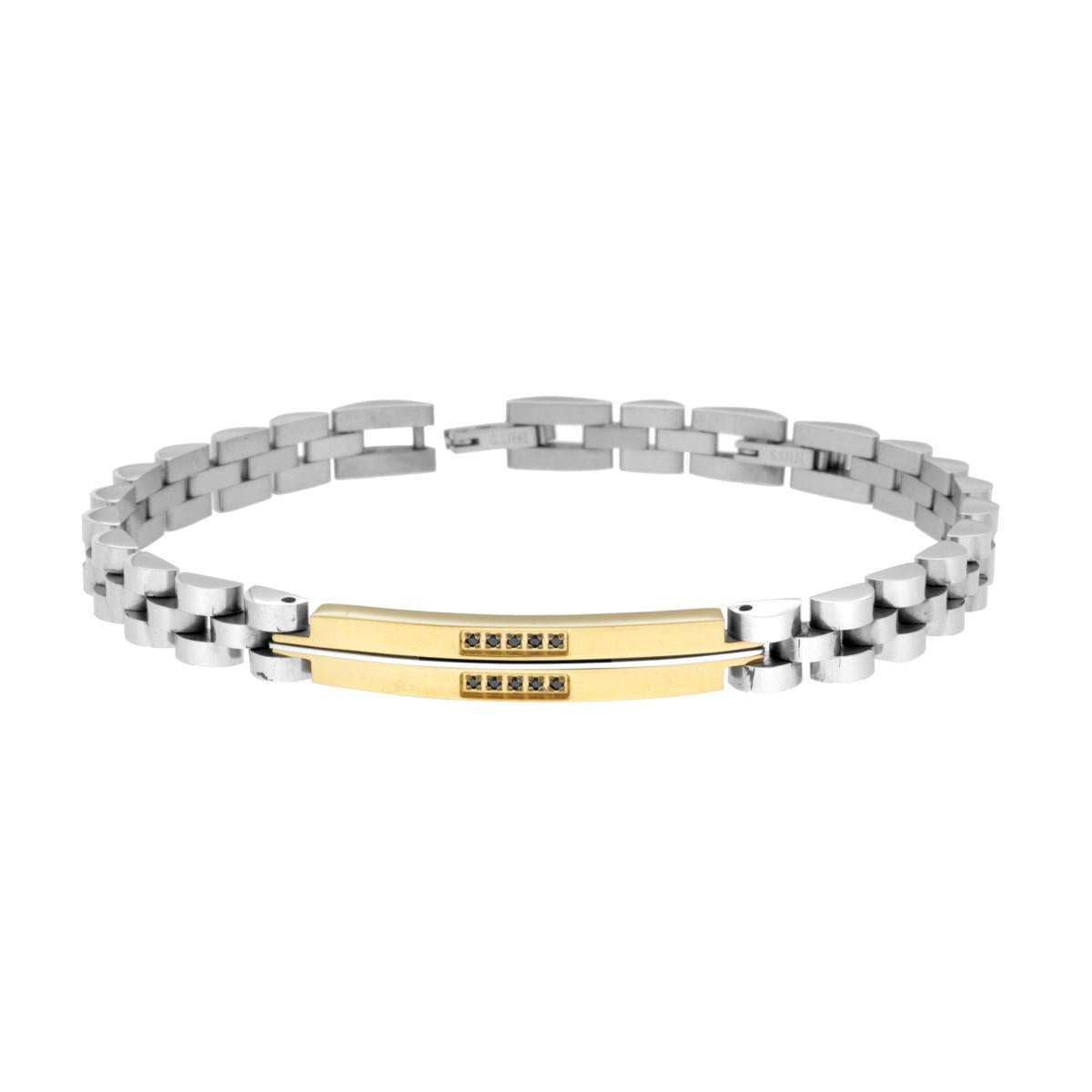 Bracciale Uomo Catena Imperniata con Targa colore Oro e Crystal Neri in ACCIAIO