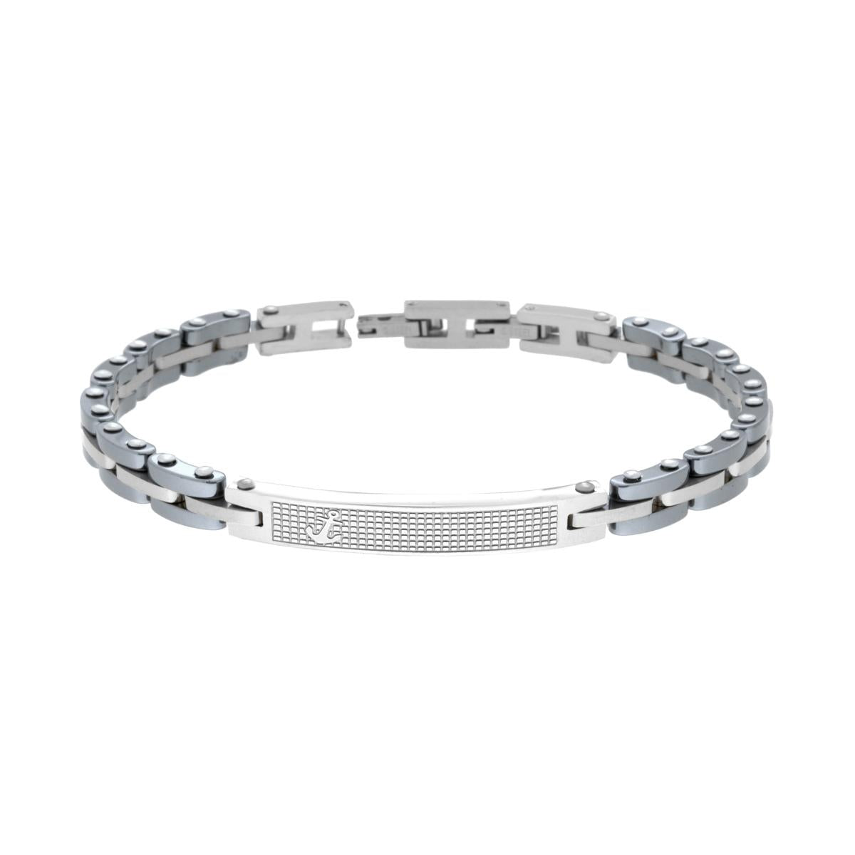Bracciale Uomo Catena Imperniata con Ceramica Antracite Targa e Ancora in ACCIAIO