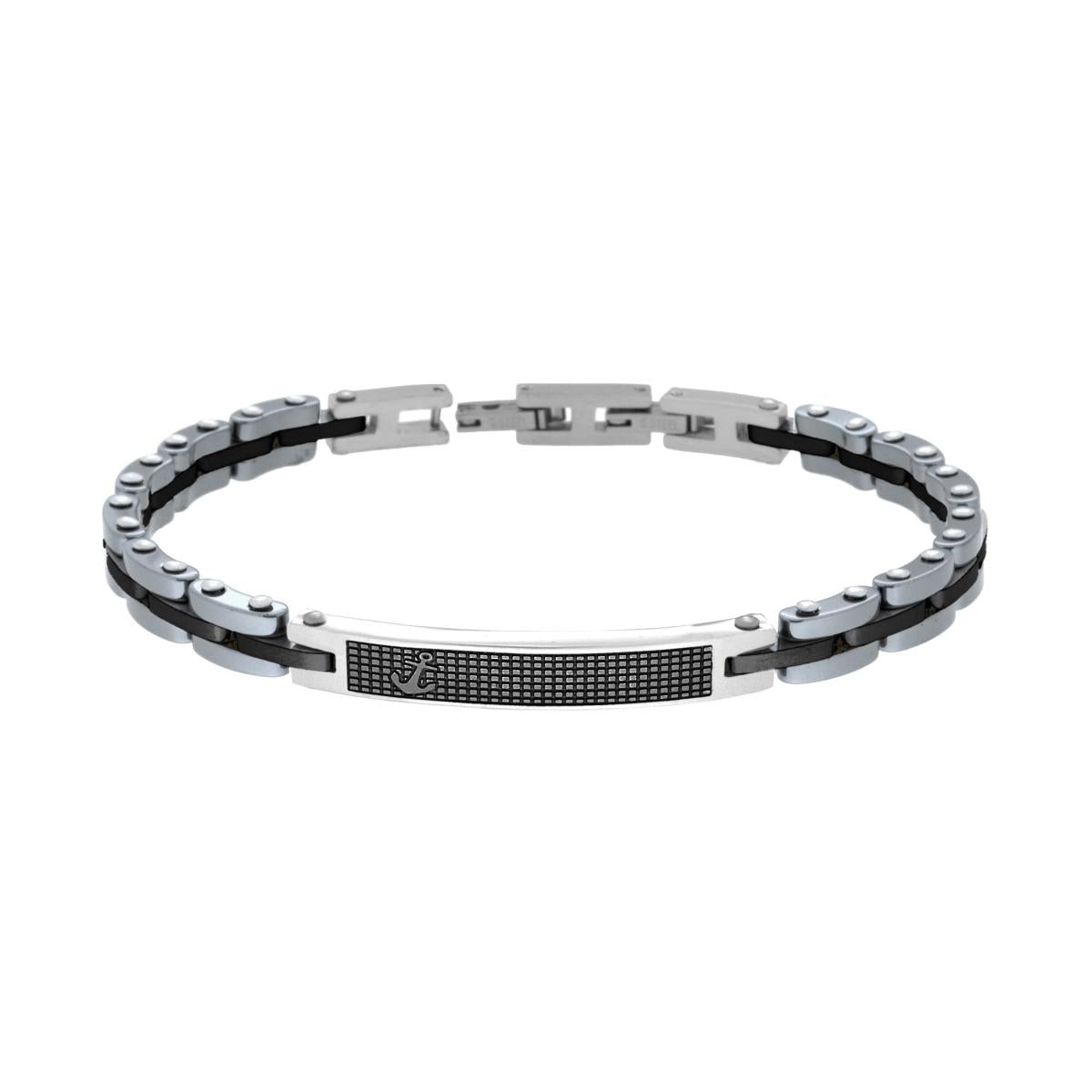 Bracciale Uomo Catena Imperniata con Ceramica Antracite Targa Nero e Ancora in ACCIAIO