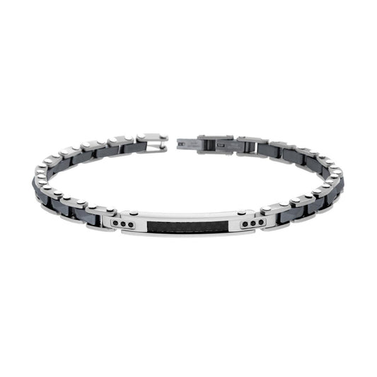 Bracciale Uomo Targa Catena imperniata con Ceramica Antracite Bugnata e Crystal Neri in ACCIAIO