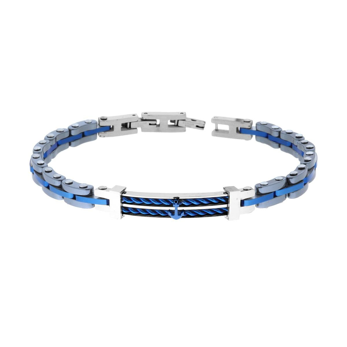 Bracciale Uomo Catena Imperniata con Ceramica Antracite e Blu Targa con Ancora e Fune in ACCIAIO