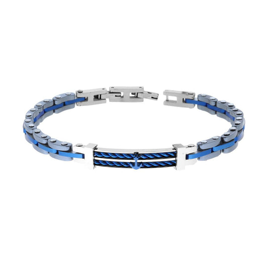 Bracciale Uomo Catena Imperniata con Ceramica Antracite e Blu Targa con Ancora e Fune in ACCIAIO