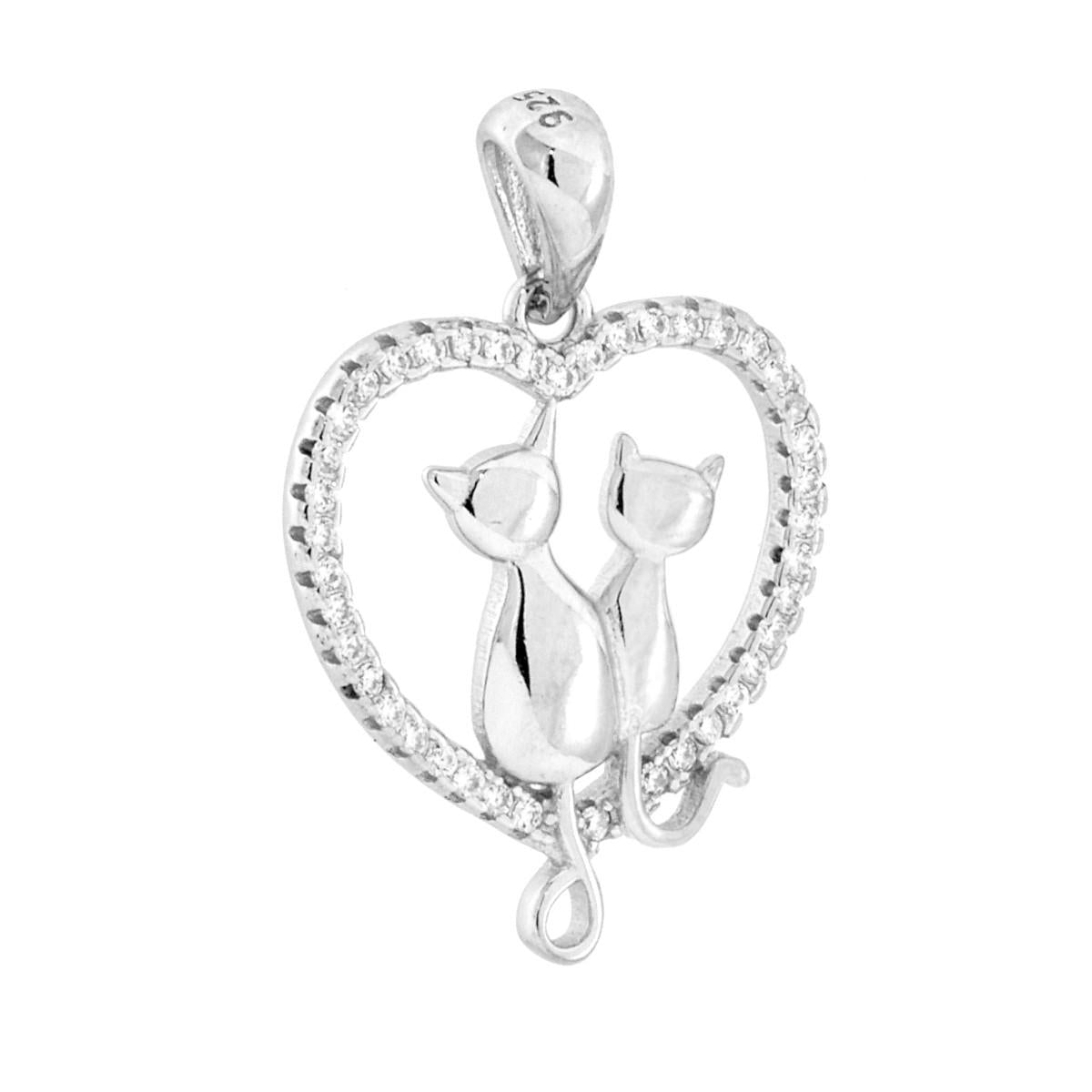 Ciondolo a forma di cuore con cubic zirconia Bianchi con all'interno due gatti con finitura liscia e lucida.