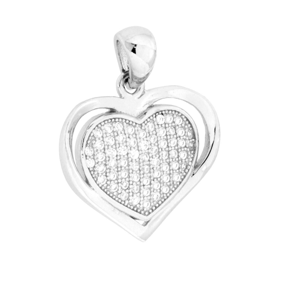 Ciondolo a forma di Cuori con cubic Zirconia Bianchi e finitura liscia e lucida.