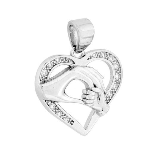 Ciondolo a forma di Cuore con cubic Zirconia Bianchi con all'interno sagoma di mano di mamma e figlio con finitura liscia e lucida.<BR>