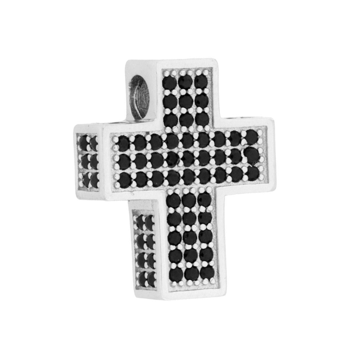 Ciondolo a forma di croce con passante per catena e cubic zirconia neri incastonati frontalmente e lateralmente.<BR>