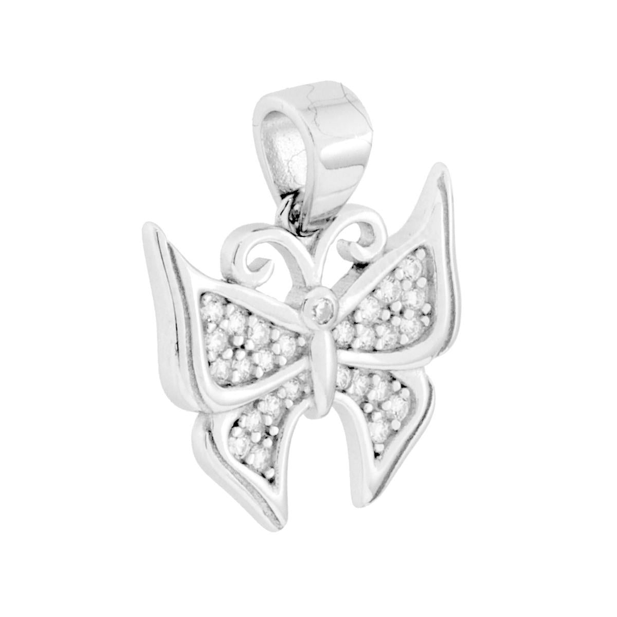 Ciondolo a forma di farfalla con finitura lucida e con cubic zirconia bianchi incastonati.