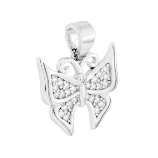 Ciondolo a forma di farfalla con finitura lucida e con cubic zirconia bianchi incastonati.