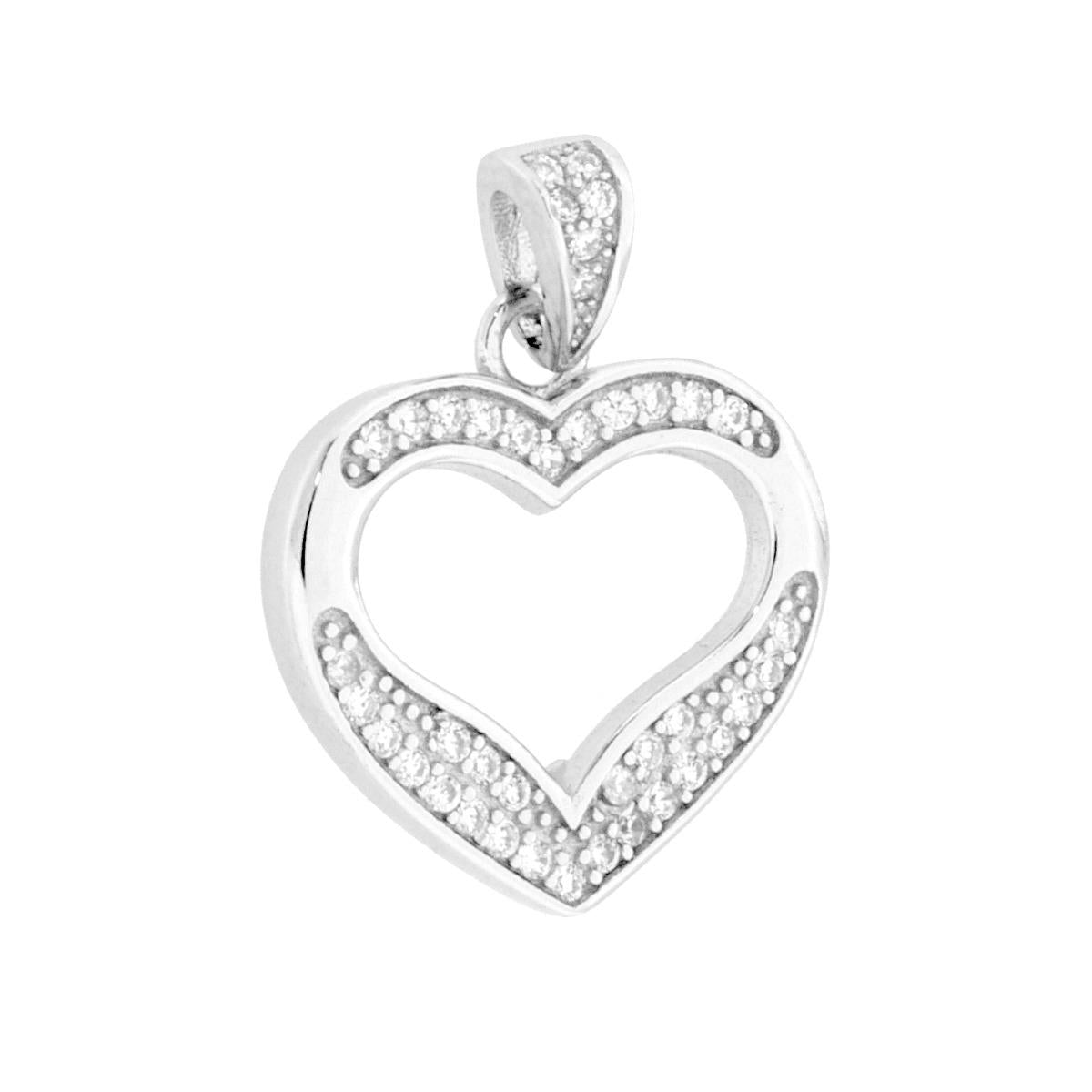 Ciondolo a forma di Cuore con cubic Zirconia Bianchi e finitura liscia e lucida.<BR>