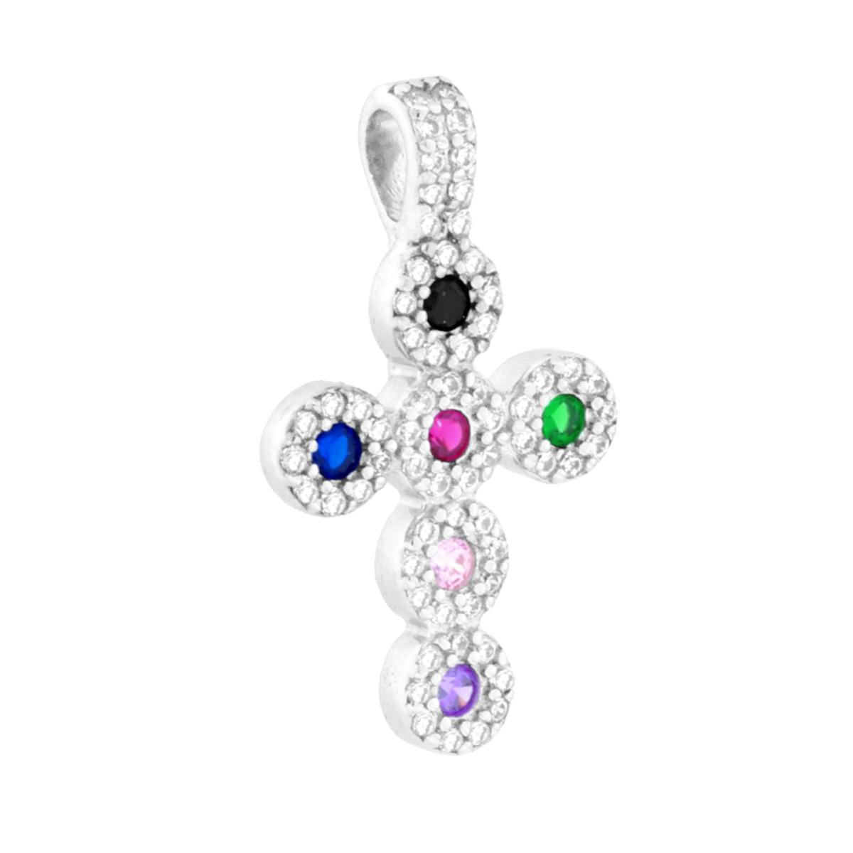 Ciondolo a forma di croce con cubic zirconia bianchi e multicolor incastonati.<BR>