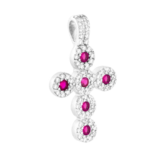 Ciondolo a forma di croce con cubic zirconia bianchi e Rosso Rubino incastonati.