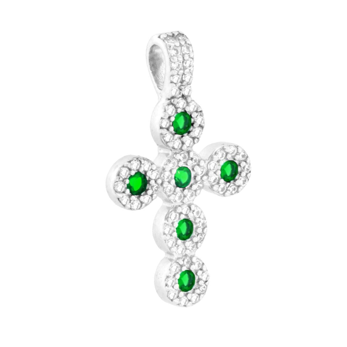 Ciondolo a forma di croce con cubic zirconia bianchi e Verde Smeraldo incastonati.<BR>