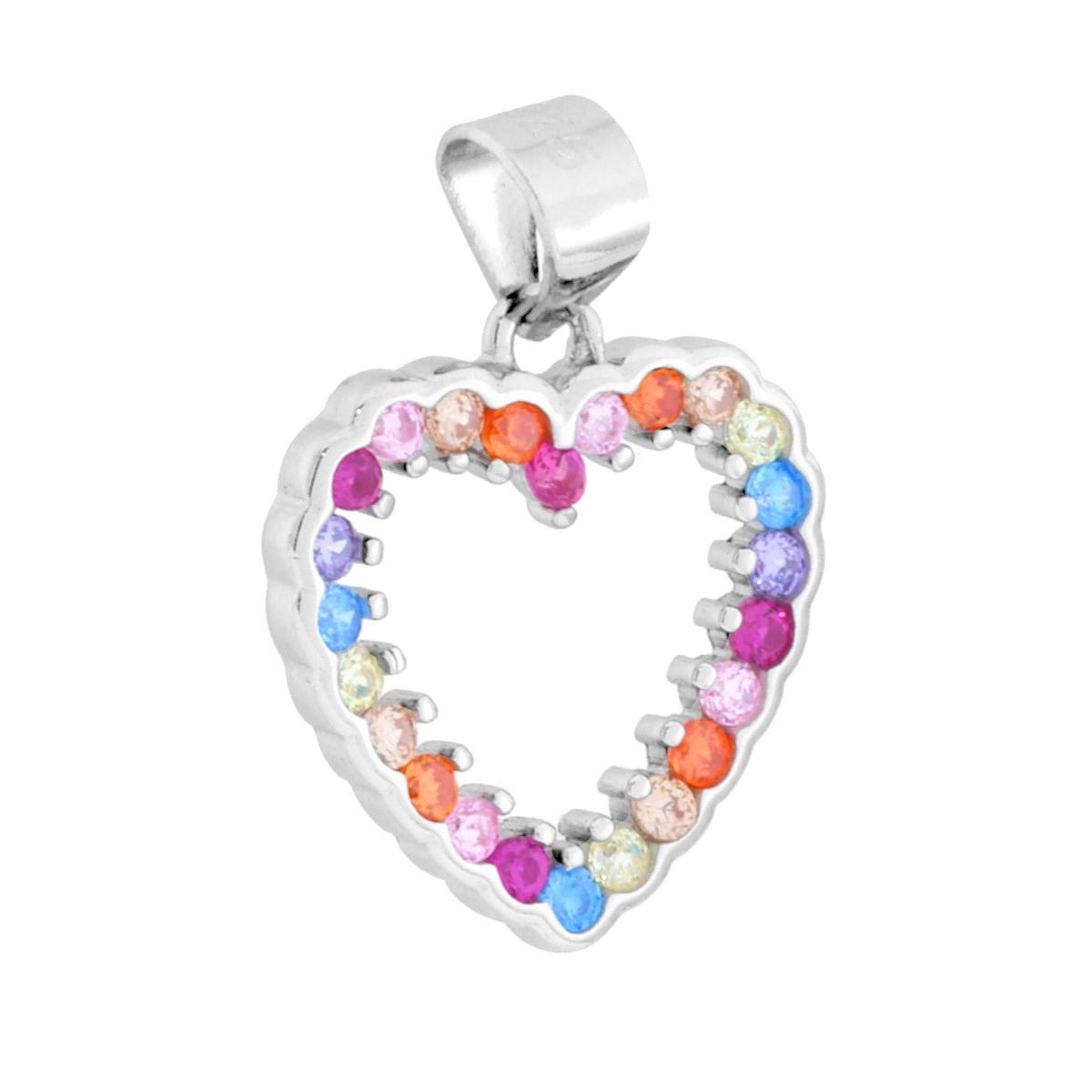 Ciondolo a forma di cuore con cubic zirconia multicolor incastonati.