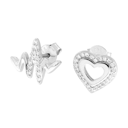 Orecchini Asimmetrici Cuore e Battito con Cubic Zirconia Bianchi in ARGENTO 925 Galvanica Rodio