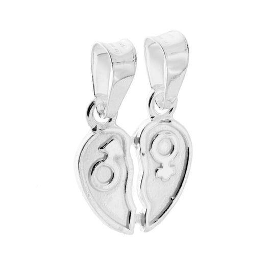 Ciodolo a forma di Cuore Spezzato che si spezza con lavorazione Liscia e Lucida.<BR>Incisione simbolo Uomo e Donna .<BR>Made in Italy