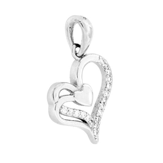 Ciondolo a forma di Cuore con cubic Zirconia Bianchi con all'interno cuoricino con finitura liscia e lucida.