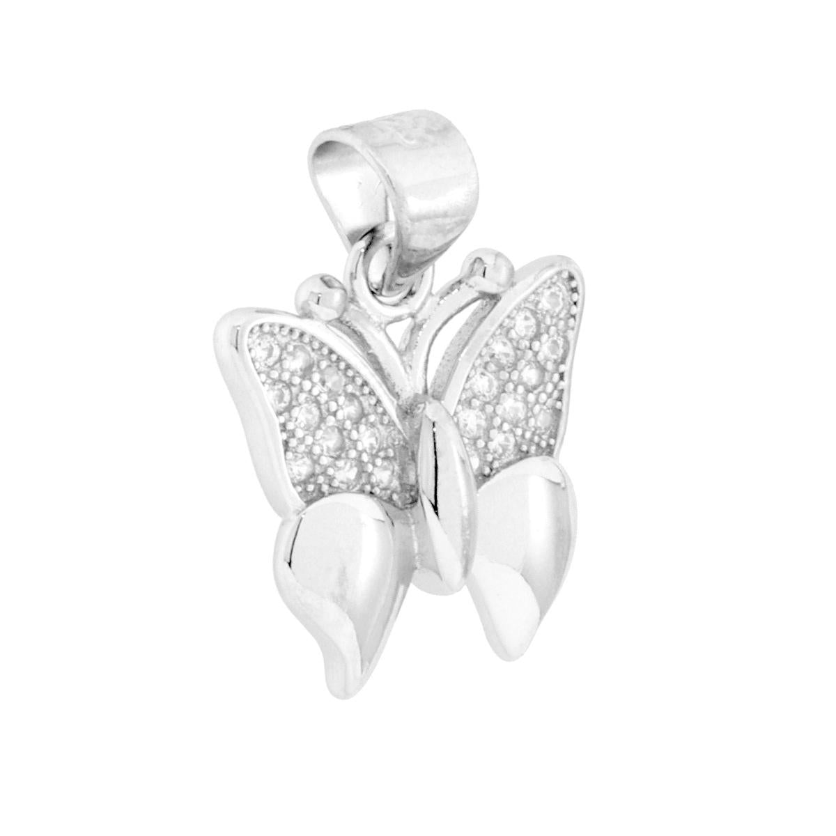 Ciondolo a forma di farfalla con finitura lucida e con cubic zirconia bianchi incastonati.