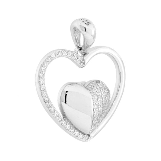 Ciondolo a forma di cuore con cuoricino bombato all'interno, finitura lucida e con cubic zirconia bianchi incastonati.