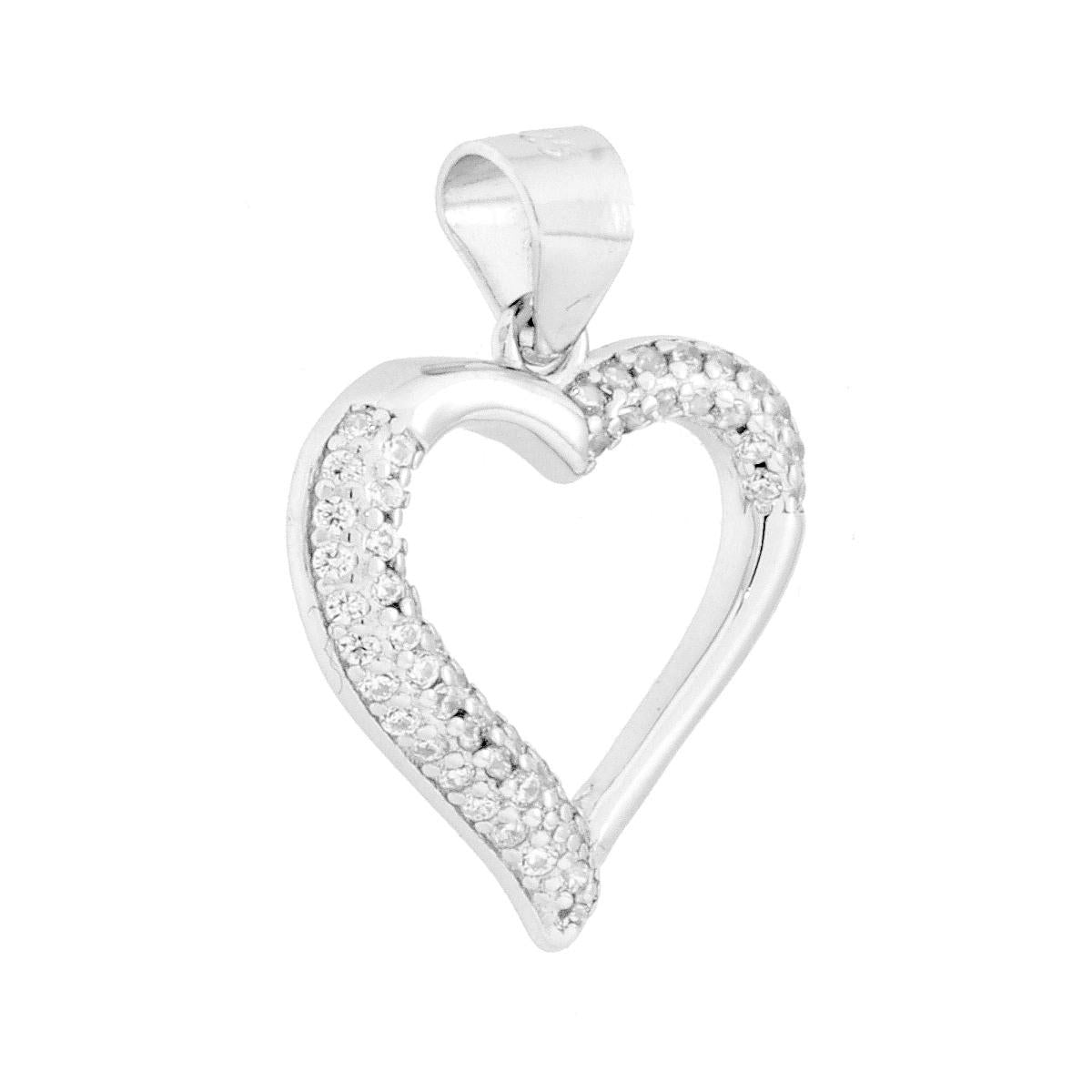 Ciondolo a forma di cuore con finitura lucida e con cubic zirconia bianchi incastonati.